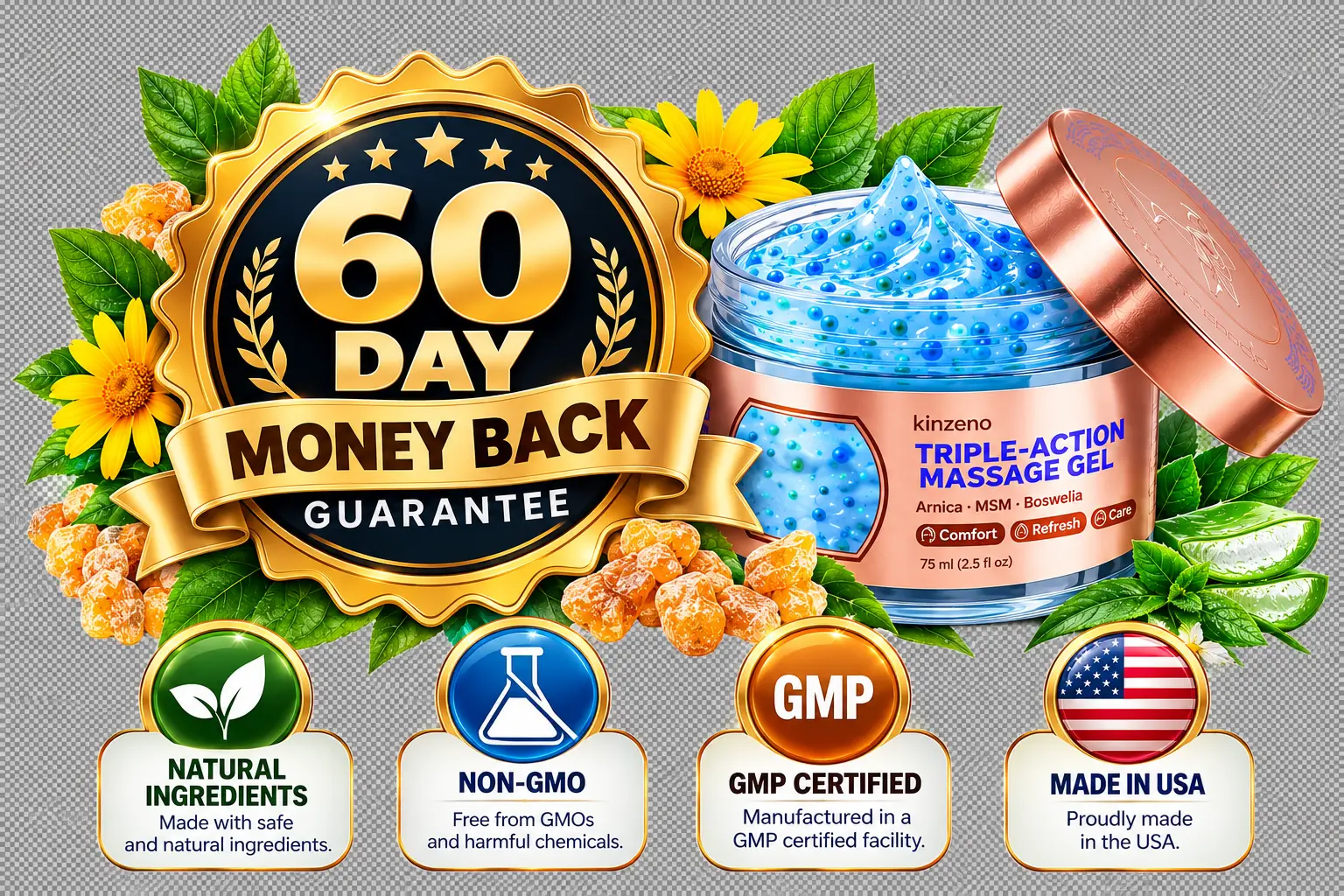 Kinzeno 60-day money back guarantee badge with Natural Ingredients, Non-GMO, GMP Certified and Made in USA seals